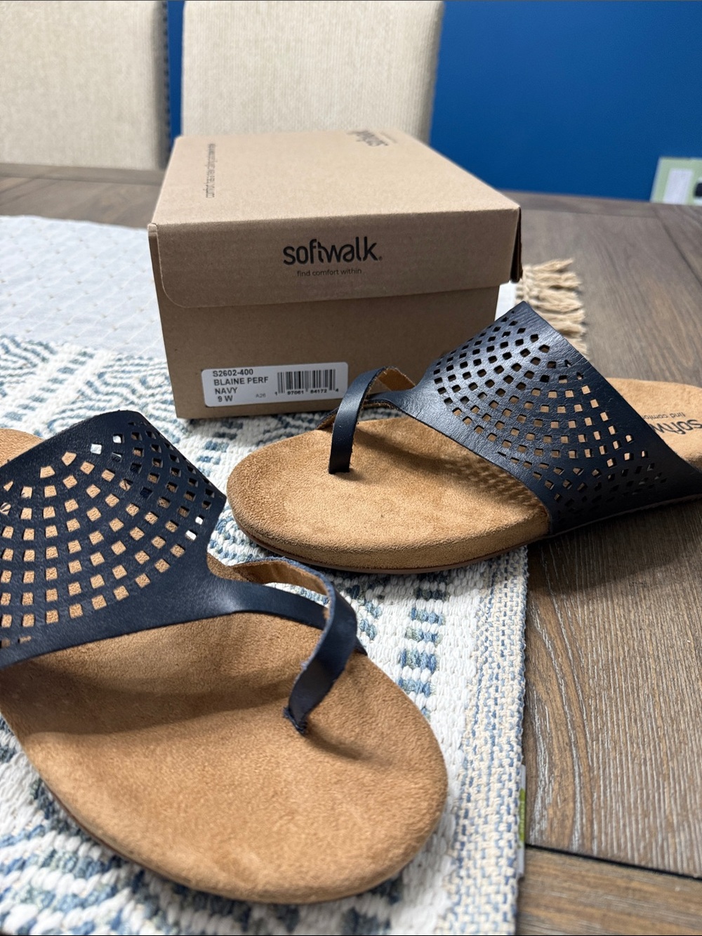 SoftWalk Navy Laser-Cut Toe-Post Slide Sandal